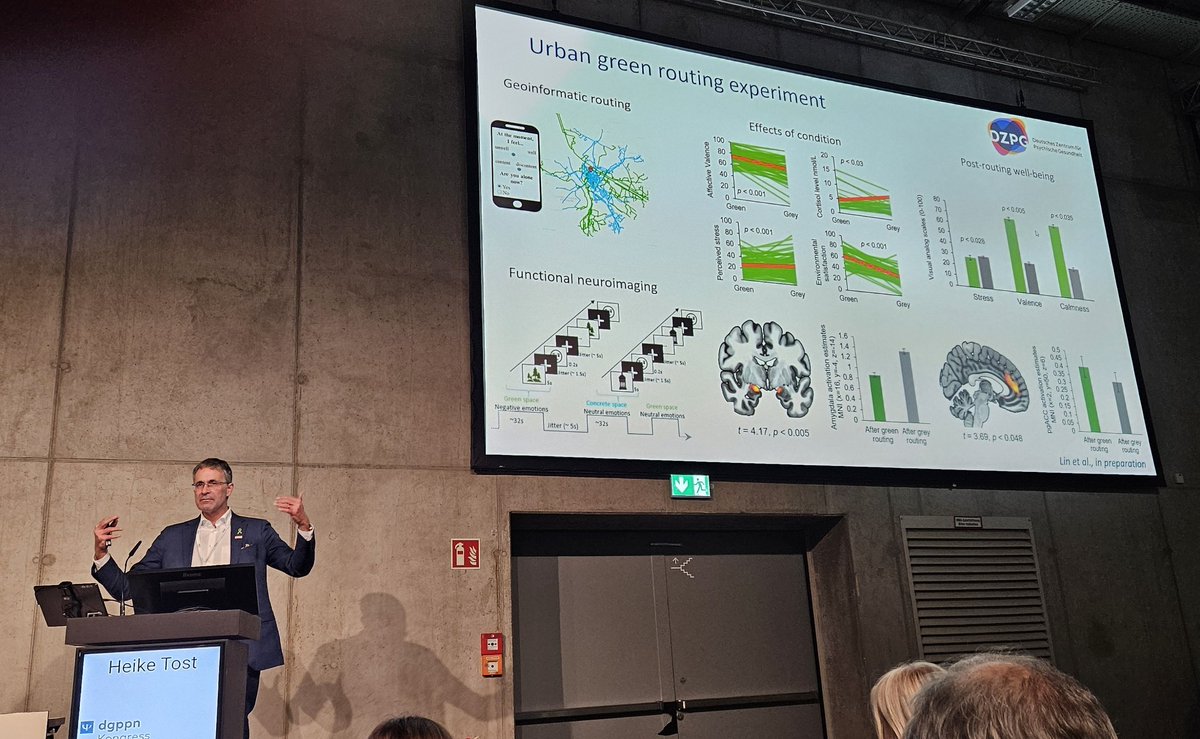 Green routes 🌿 are very good for mental health! Andreas Meyer-Lindenberg presents impressive results on the positive effects of green nature exposure on mental health at #DGPPN2024