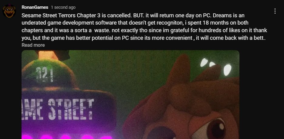 SSTerrors321's tweet photo. Sesame Street Terrors is cancelled on Dreams, but will return on PC one day #sesamestreetterrors https://t.co/jQEQvgpCcF