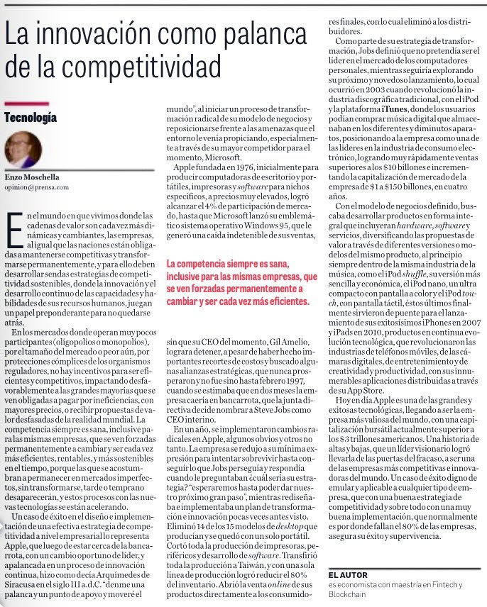 La innovación en sus diversas modalidades, hoy más que nunca, debería ser un pilar imprescindible en toda estrategia de negocios que busque la Competitividad Sostenible, de empresas, grandes o pequeñas, y de Naciones