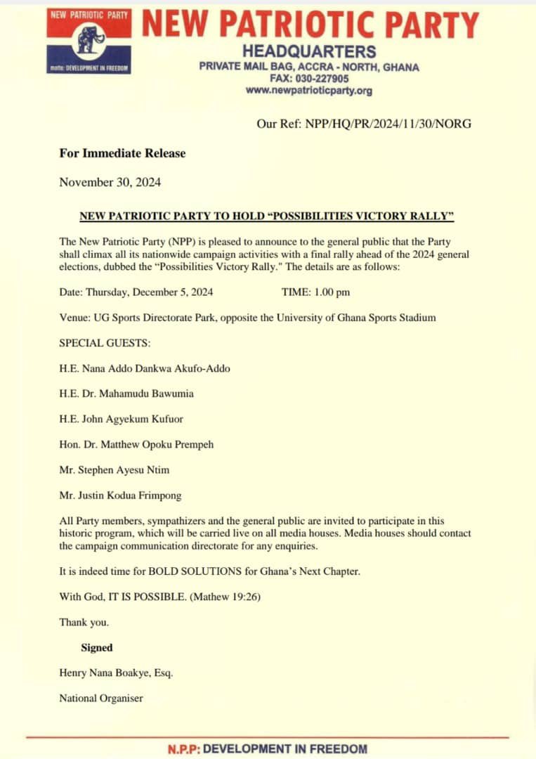 NPP TO HOLD POSSIBILITIES VICTORY RALLY

With God, it is possible....Matthew 19:26
