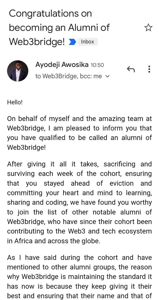 I am grateful for this opportunity. So much take-home(s) in the last Four (4) month; from career, to lifestyle and personal management, to human relations, relationships/teamwork. Thank you so much sir <a href="/Ebunayo08/">Ebunayo.eth 🇳🇬</a> and our awesome mentors <a href="/Web3Bridge/">Web3bridge™ Africa</a>
PS: This journey has just begun