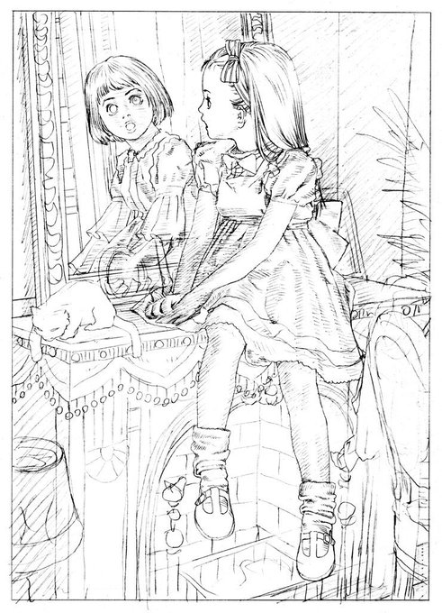 今回伸びてるこの絵、ラフの段階では鏡に写ってるのは実在した方のアリス・リデルさんにするつもりだったんですよね…ちと分かりにくいかとボツにしましたが、アイデアとしては気に入ってたので今思えば勿体無かったかも('-ω-`) 