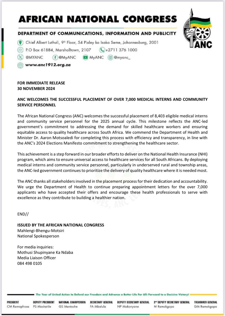 MbalulaFikile's tweet image. ANC WELCOMES THE SUCCESSFUL PLACEMENT OF OVER 7,000 MEDICAL INTERNS AND COMMUNITY SERVICE PERSONNEL

#LetsDoMoreTogether