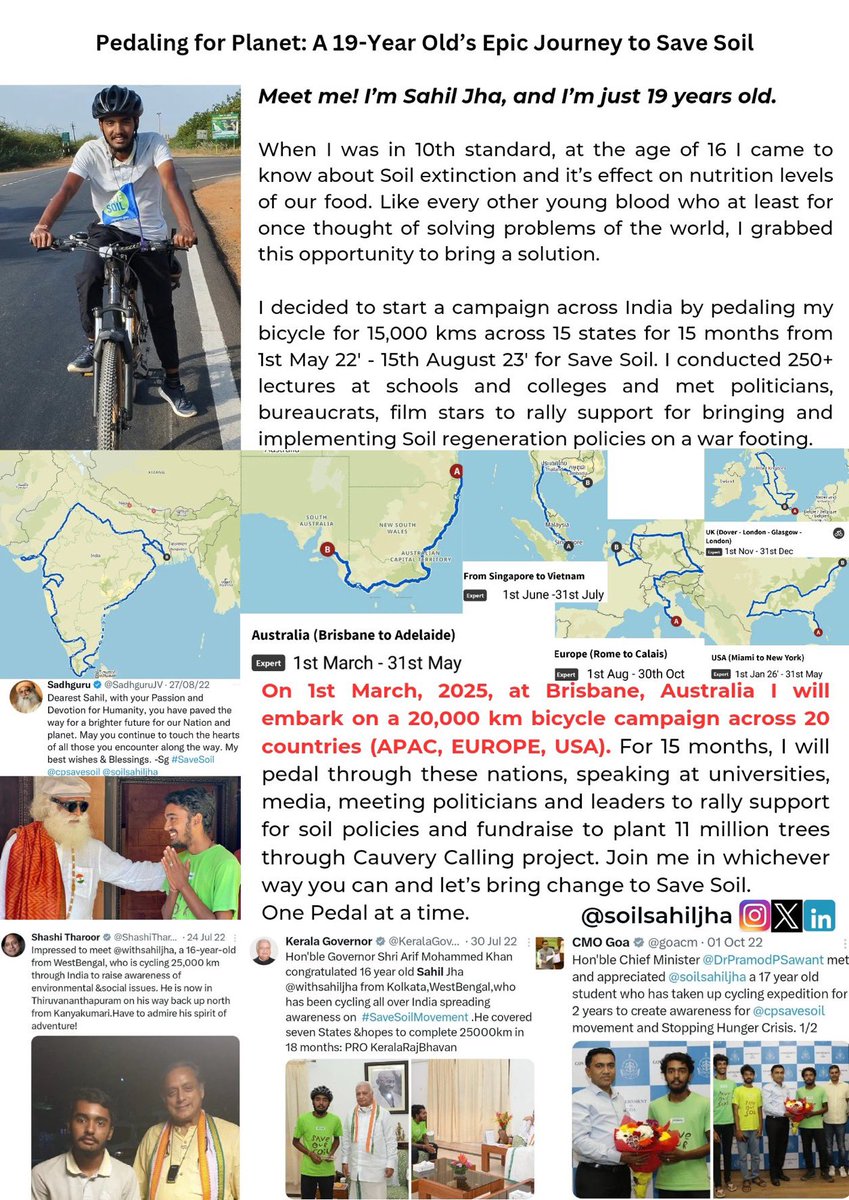 ErikSolheim's tweet photo. 19 years old @soilsahiljha will pedal his bicycle solo across the world - 20 countries, 20,000 km, 15 months to plant 11 million trees to SAve Soil.

Know more 👇 https://t.co/mHbwASkK2v