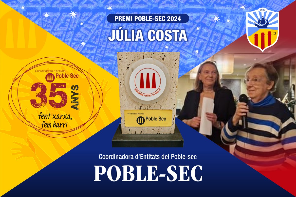 Premi Poble-sec 2024 per la companya del CerHisec Júlia Costa, entregat ahir al sopar d'entitats de la Coordinadora. Per tota una vida dedicada a posar en valor el nostre barri i recuperar la seva memòria. 😍🅾️🅿️💙 #Poblesec #OrgullPoblesequi