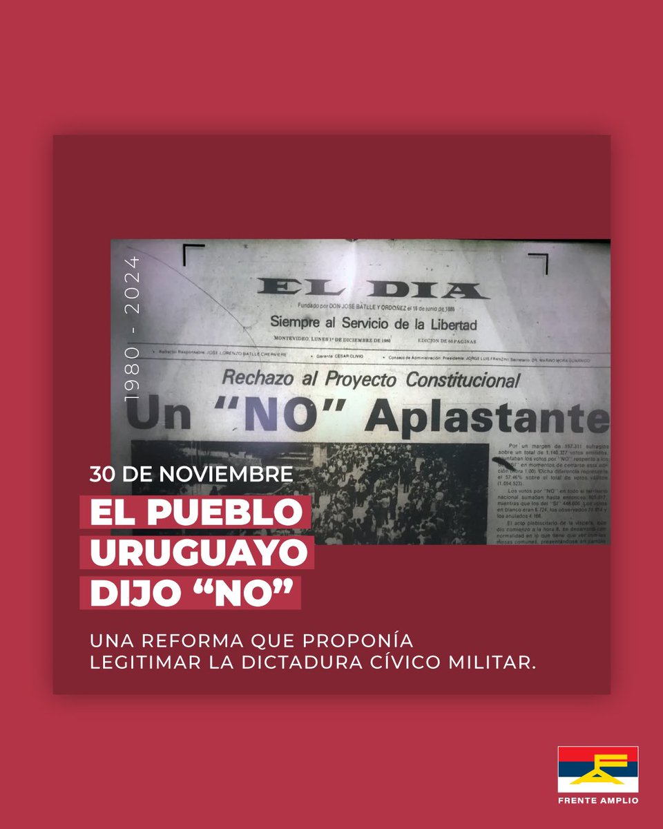 El pueblo uruguayo NO legitimó la dictadura.

El 30 de noviembre de 1980 la ciudadanía fue convocada para elegir la continuidad del regimen de facto, en una elección impuesta por las autoridades militares.

Este hito estará siempre presente en nuestra memoria. Seguiremos luchando