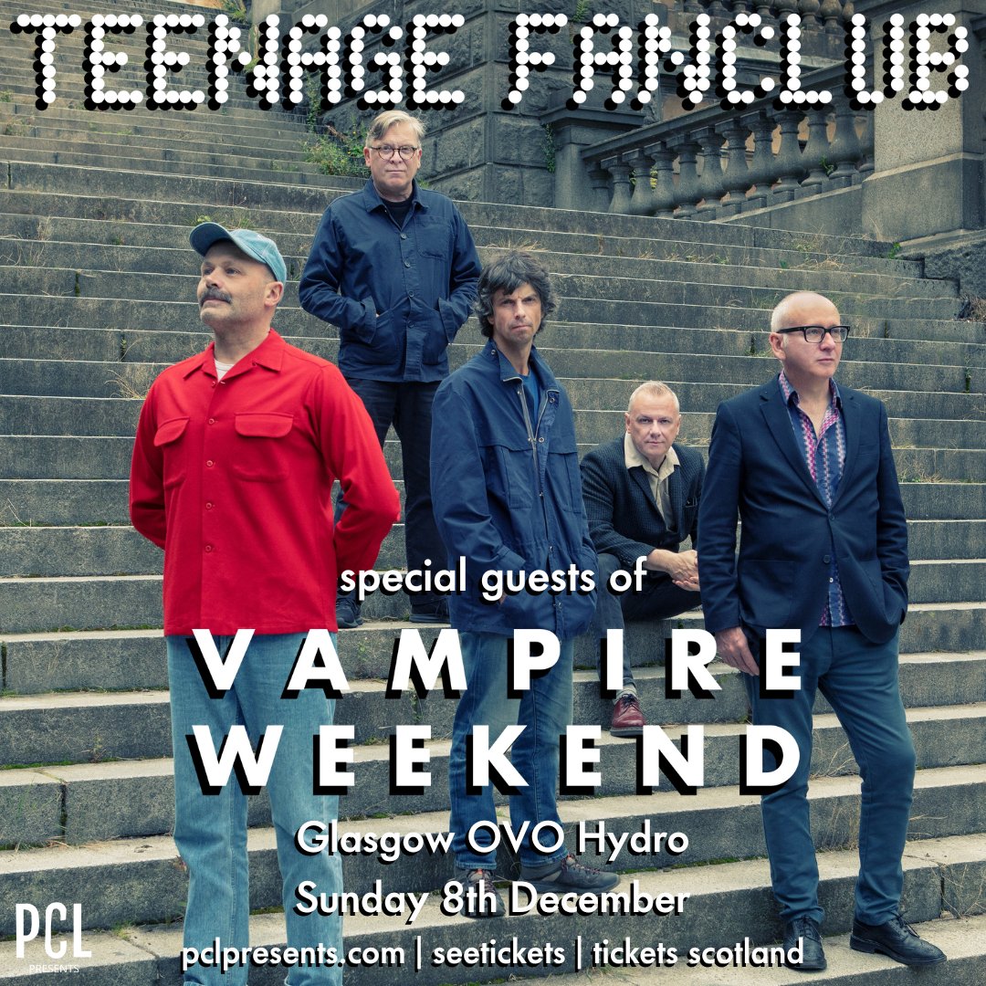 Teenage Fanclub (@teenagefanclub) on Twitter photo Next weekend on Sunday 8th Dec, we play Glasgow OVO Hydro with <a href="/vampireweekend/">Vampire Weekend</a>. Our last show of the year!
Tickets: eventim.co.uk/event/vampire-… Next weekend on Sunday 8th Dec, we play Glasgow OVO Hydro with <a href="/vampireweekend/">Vampire Weekend</a>. Our last show of the year!
Tickets: eventim.co.uk/event/vampire-…