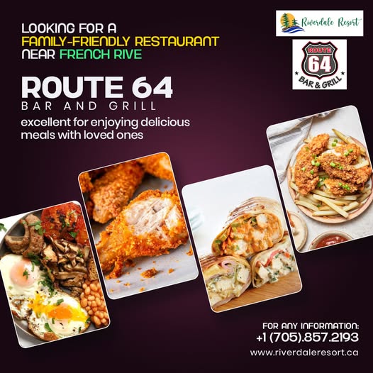 ResortOntario's tweet photo. LOOKING FOR A FAMILY-FRIENDLY RESTAURANT
NEAR FRENCH RIVER 
EXPERIENCE UNFORGETTABLE DINING 
ROUTE 64 ( BAR &amp; GRILL )
AT RIVERDALE RESORT
https://t.co/o9VZmvQlFw
Call for more info: 705-857-2193
#Ontario #Food https://t.co/DNSJEL71nY