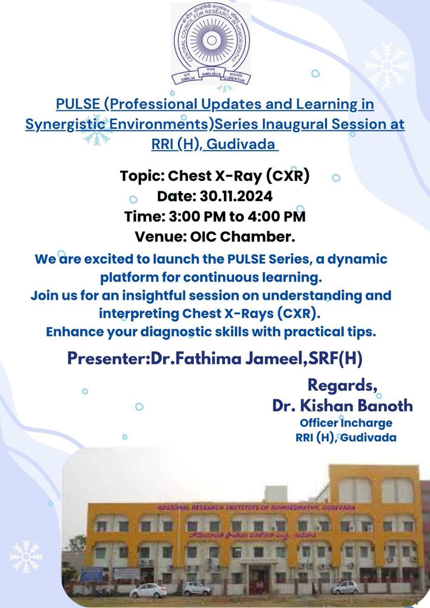 gudivada_h's tweet photo. PULSE (Professional Updates and Learning in Synergistic Environment)Series – Inaugural Session
Topic: Chest X-Ray (CXR)
Date: 30.11.2024 | Time: 3:00 PM – 4:00 PM
#Pulseseries #medicaleducation #chestxray
#rrihgudivada
#CCRH https://t.co/8CjVkEp8R4