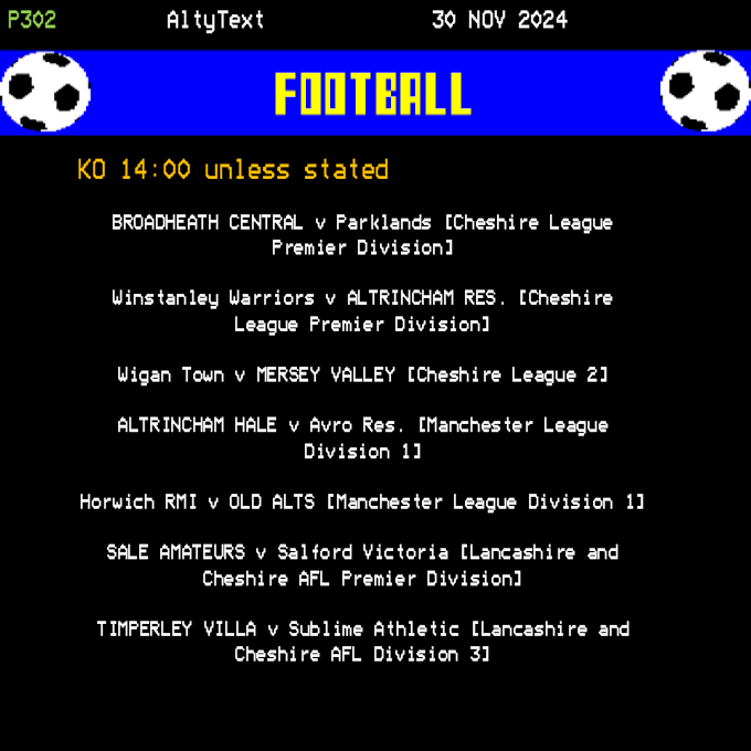 RadioAlty's tweet photo. #AltyText Football. @altrinchamfc may not be playing, but @bcfc1922, @AltrinchamRes, @MVFC1stTeam, @AltrinchamHale, @Old_Alts, @SaleAmateursFC and @TimperleyVilla are. https://t.co/xpEV8EIBVP