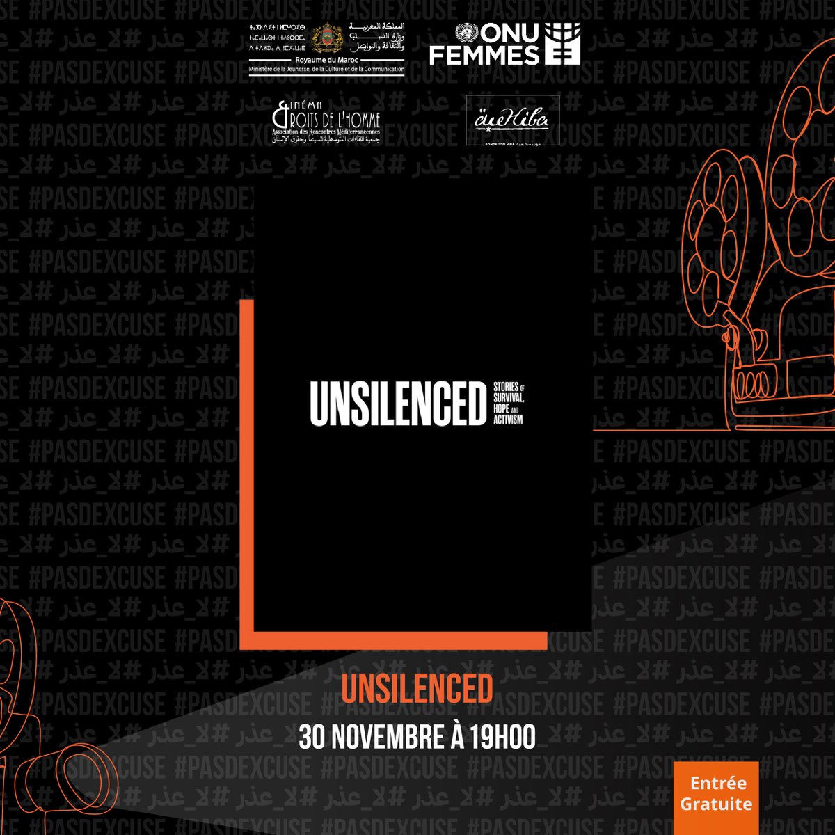 ARMCDH's tweet photo. 💜CLÔTURE🎬Semaine du Film pour les Droits des Femmes🧡@ONUFemmesMaroc
Pour la dernière:"Unsilensed" suivi du film"Sisterhood" (HLMPussy) de Nora Elhourche
📅Samedi 30 Novembre
📍@cinerenaissance
⏰19h30
L’entrée Libre et Gratuite https://t.co/eHVo52vDQY