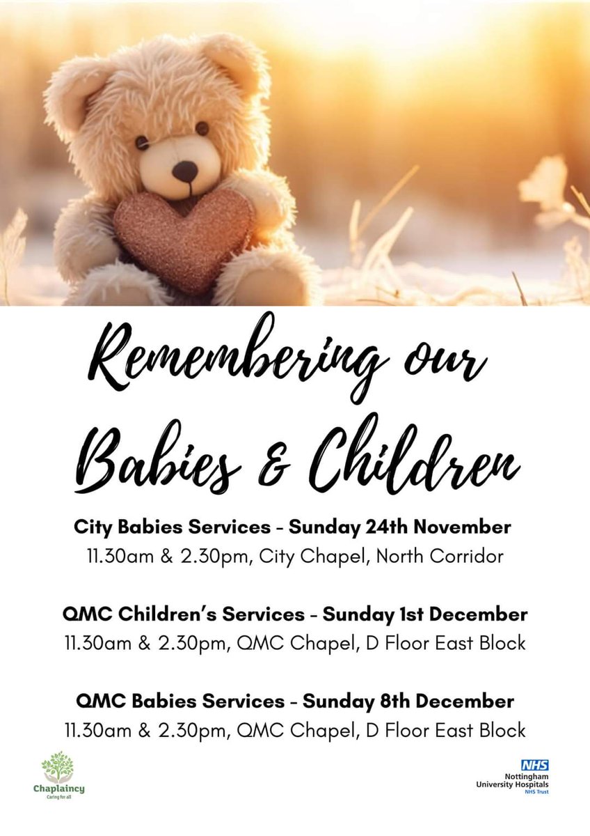 This coming Sunday 1st December we hold our annual QMC Children's Remembrance Services in the Chapel, 11.30am and 2.30pm. All welcome.

For those unable to attend in person, from Sunday there will also be a pre-recorded video service online: nuh.nhs.uk/spiritual-and-…