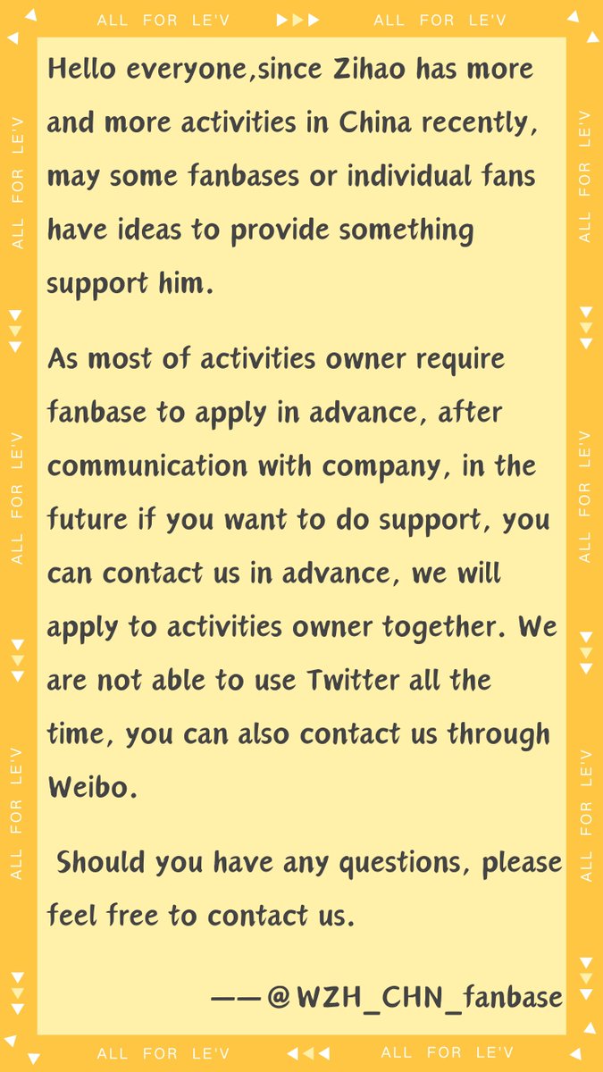 Hello everyone, if you have ideas to provide something support Zihao,please feel free to contact us.💛🤍

X：<a href="/WZH_CHN_fanbase/">WANGZIHAO LE'V CHINA FANBASE</a> 
Weibo：@王子浩_守护Patronus

#LEV #레비 #レビ
#WANGZIHAO #왕즈하오 #王子浩 #ズハオ