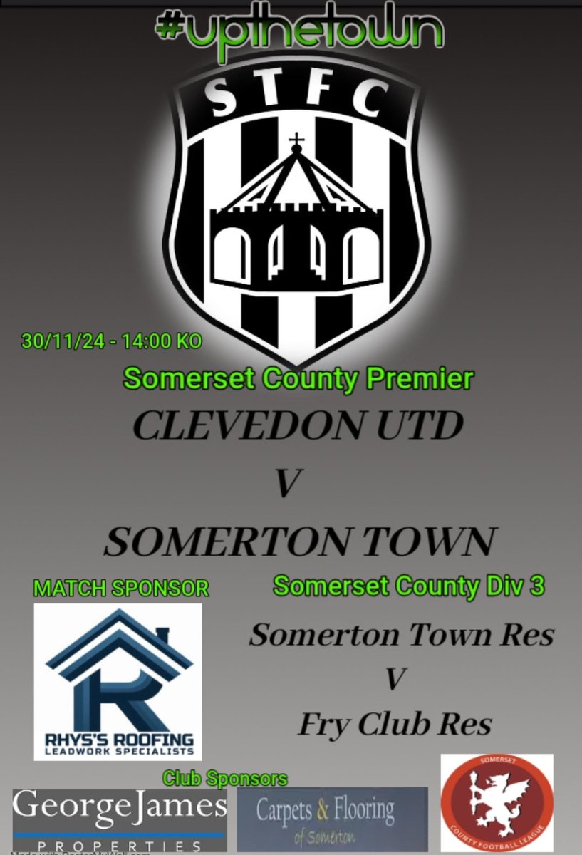 Somerton Town FC.⚫️⬜️⚫️ (@somertontownfc) on Twitter photo 1st team game off due to waterlogged pitch at Clevedon. Reserves are home today, and it's game on.!!
Match sponsored by Rhys Roofing.
<a href="/somersetcfl/">Somerset County FL</a>
<a href="/swsportsnews/">South West Sports News</a> 1st team game off due to waterlogged pitch at Clevedon. Reserves are home today, and it's game on.!!
Match sponsored by Rhys Roofing.
<a href="/somersetcfl/">Somerset County FL</a>
<a href="/swsportsnews/">South West Sports News</a>