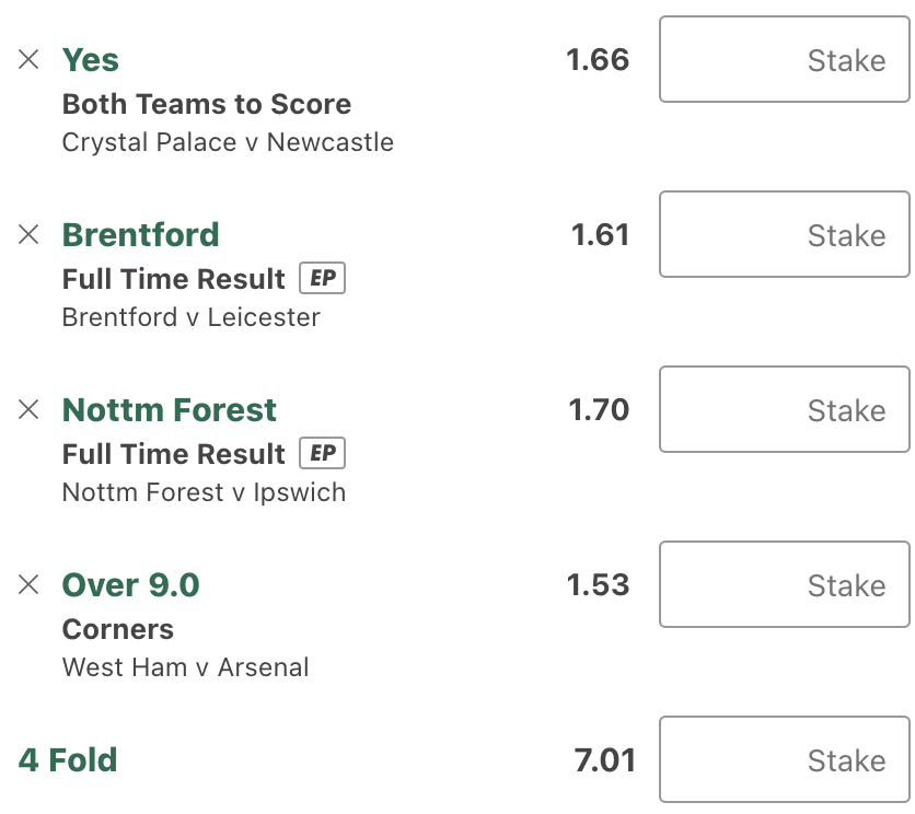 ArmTipster's tweet photo. 🤩⚽️SATURDAY FOOTBALL TIP⚽️🤩

💫Crystal Palace v Newcastle
Both teams to score - YES: 1.66
💫Brentford v Leicester
FT Result - W1: 1.61
💫Nottm Forest v Ipswich
FT Result - W1: 1.70
💫West Ham v Arsenal
Corners total - Over 9: 1.53

✅ACCA: 7.01

Don't miss your chance to win ! 🔥💰