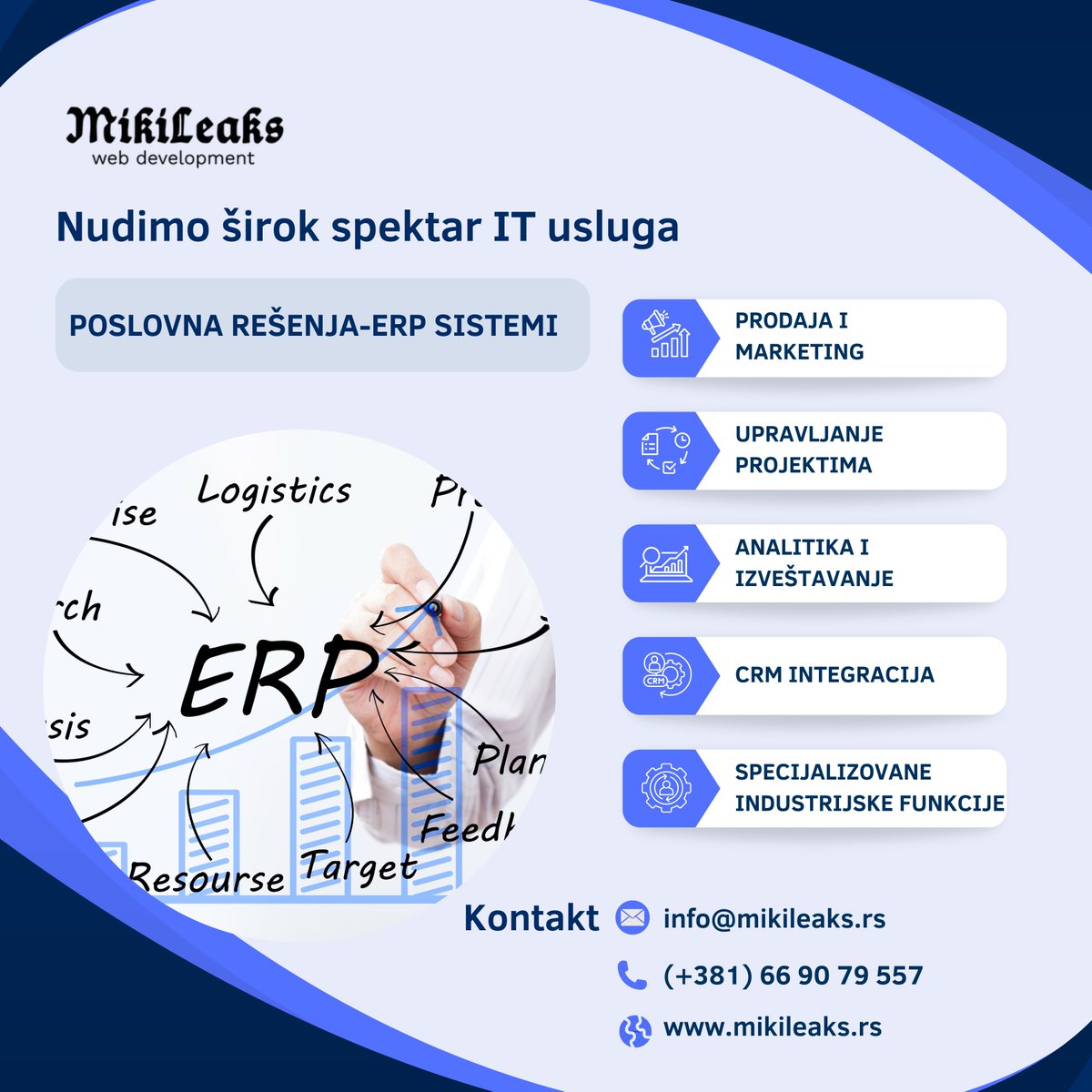 mikileaks_web's tweet photo. Nudimo širok spektar IT usluga 

POSLOVNA REŠENJA - ERP SISTEMI

- Finansije i računovodstvo
- Ljudski resursi (HR)
- Proizvodnja
- Upravljanje zalihama i logistika
- Prodaja i marketing
- Upravljanje projektima
- Upravljanje odnosima sa klijentima (CRM integracija)
... https://t.co/nlzv8xUf1k