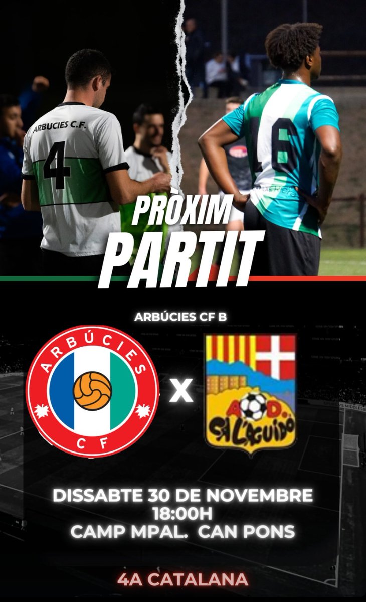 ArbuciesCF's tweet photo. Jornada 11 #4Cat G.5
📆 Dissabte 30 de Novembre 18h
🏟 ZEM Can Pons
⚽️ @ArbuciesCF - @calaguido
#SuportalesportGironi #Arbucies #4Cat5 #amuntarbucies #arbuciescf #4acatalana #futcat https://t.co/1y3r83iI4q