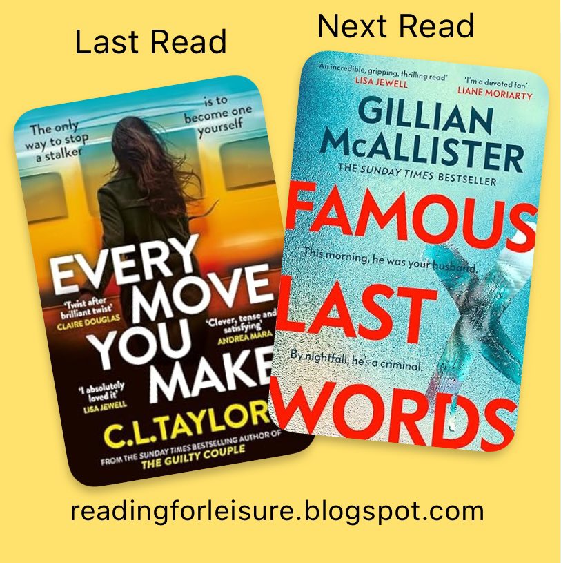 Debbie_Hart_UK's tweet photo. #EveryMoveYouMake by @callytaylor is terrifying, giving the reader just a glimpse of what life is like as a victim of stalking.
I’m excited to now start #FamousLastWords from @GillianMAuthor and @MichaelJBooks https://t.co/hIX1aa8g9r