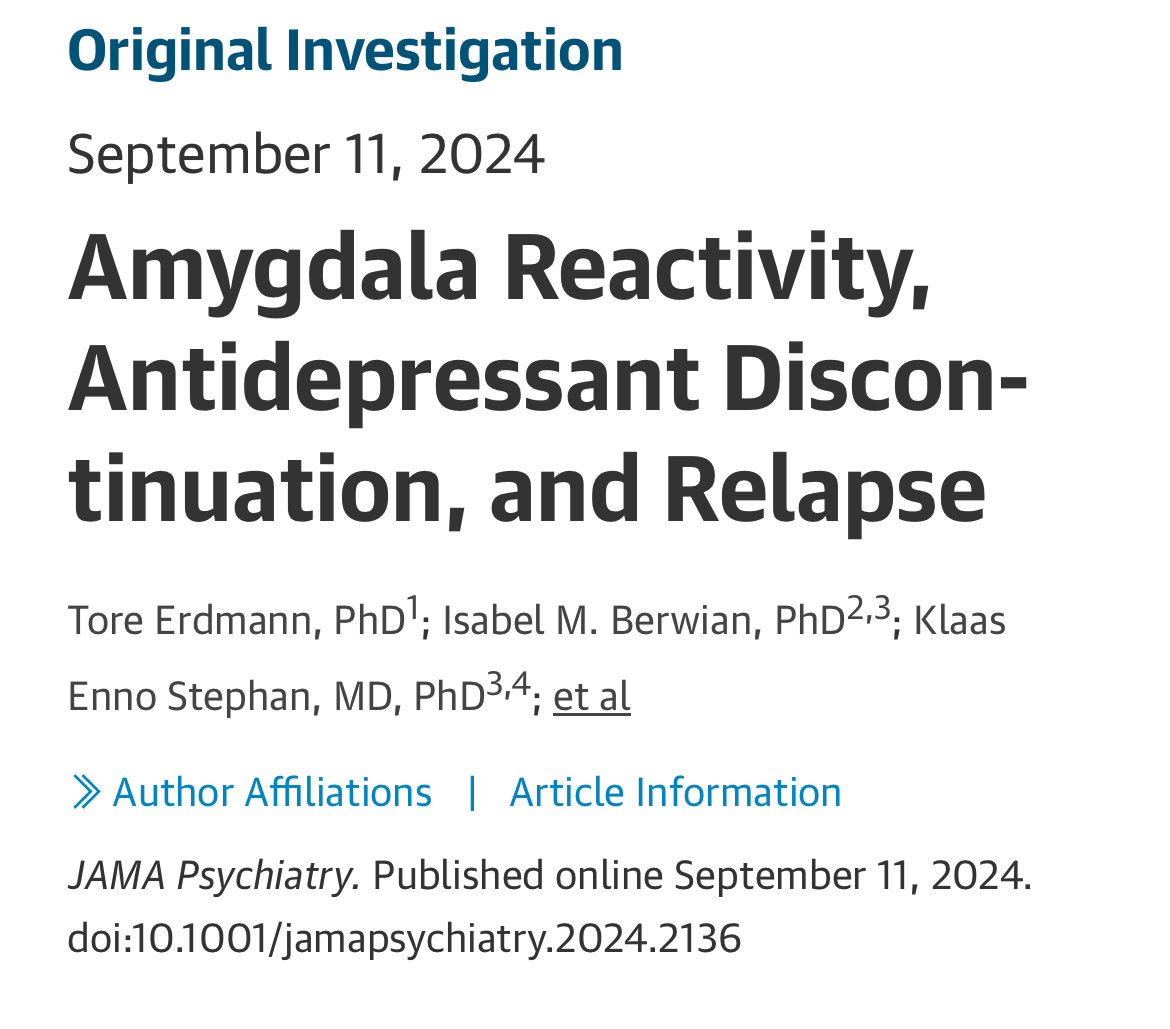 Antidepressant Discontinuation and Relapse 🚨

“An increase in amygdala reactivity was associated with risk of relapse after antidepressant discontinuation and may represent a functional neuroimaging marker that could inform clinical decisions around antidepressant