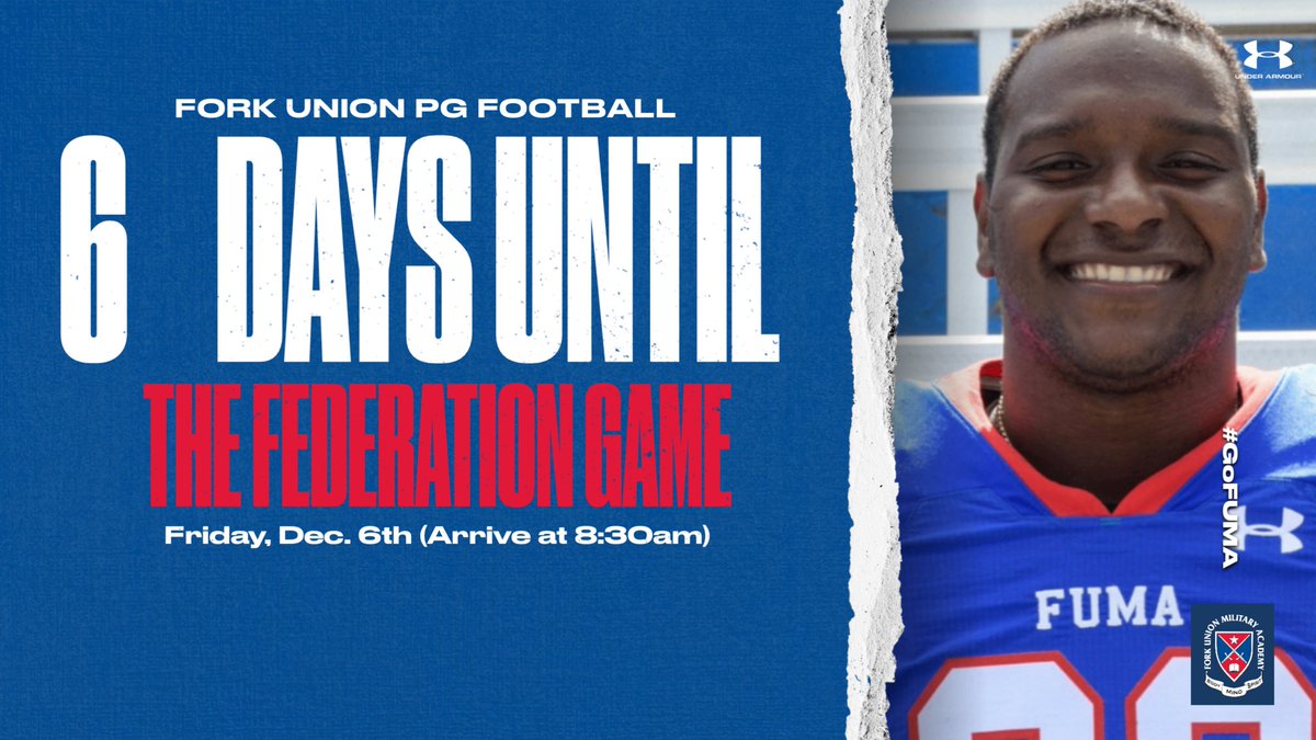 🚨Attention College Football Coaches🚨 

6️⃣ DAYS

Join us for <a href="/FUMAPGFootball/">Fork Union Military Academy Post Grad Football</a>’s Federation Game on Friday, Dec 6. Arrive at 8:30 AM to review film &amp; transcripts, then watch the on-field competition kick off at 10:30 AM! 🏈
 
#GoFUMA 
#BodyMindSpirit
#GrindNowShineLater