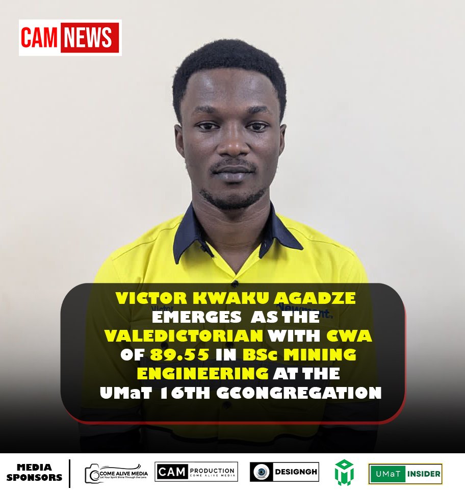 Victor Kwaku Agadze emerges as the valedictorian with CWA of 89.55 in BSc Mining Engineering at the <a href="/UMaTedugh/">University of Mines and Technology (UMaT)</a>  16th Graduation ceremony.
Congratulations 🥳🥳🥳

Source: <a href="/umatlive_/">VOU Networks</a> 
#Graduation24 #umat