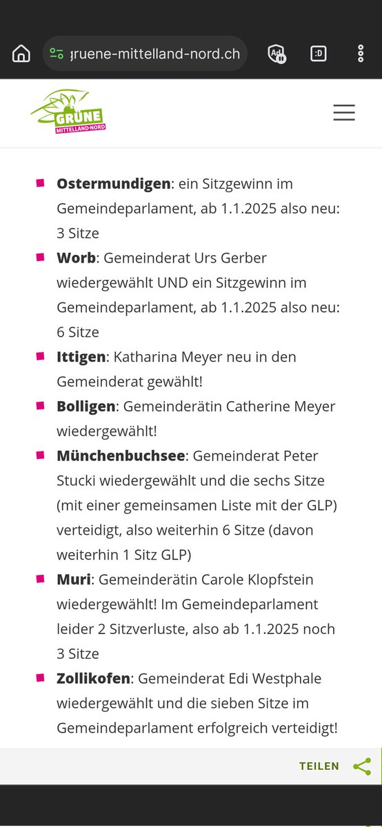 Nachtrag zu den #Gemeindewahlen in der Region Bern Mittelland-Nord: ALLE #GRÜNEN #Gemeinderatssitze verteidigt, unter dem Strich KEINE Sitzverluste in den Gemeindeparlamente ! <a href="/gruenebern/">GRÜNE Kanton Bern</a> <a href="/GrueneCH/">GRÜNE Schweiz</a> @sgarafina1 <a href="/LisiDubler/">Lisi Dubler</a> @GFLZollikofen <a href="/GFLBuchsi/">GFL Buchsi</a> <a href="/GerberMyriam1/">Gerber-Maillefer Myriam</a> <a href="/hauptstadt_be/">Hauptstadt</a>