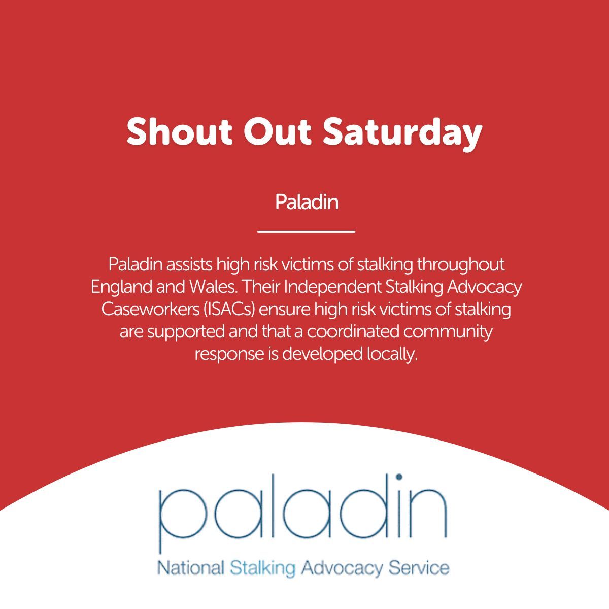 It's #ShoutoutSaturday

Today we are celebrating the work that <a href="/paladinservice/">Paladin National Stalking Advocacy Service</a> does in supporting individuals impacted by stalking.

Find out more about Paladin here 👉 buff.ly/4231htl 
#shoutout #nonprofit