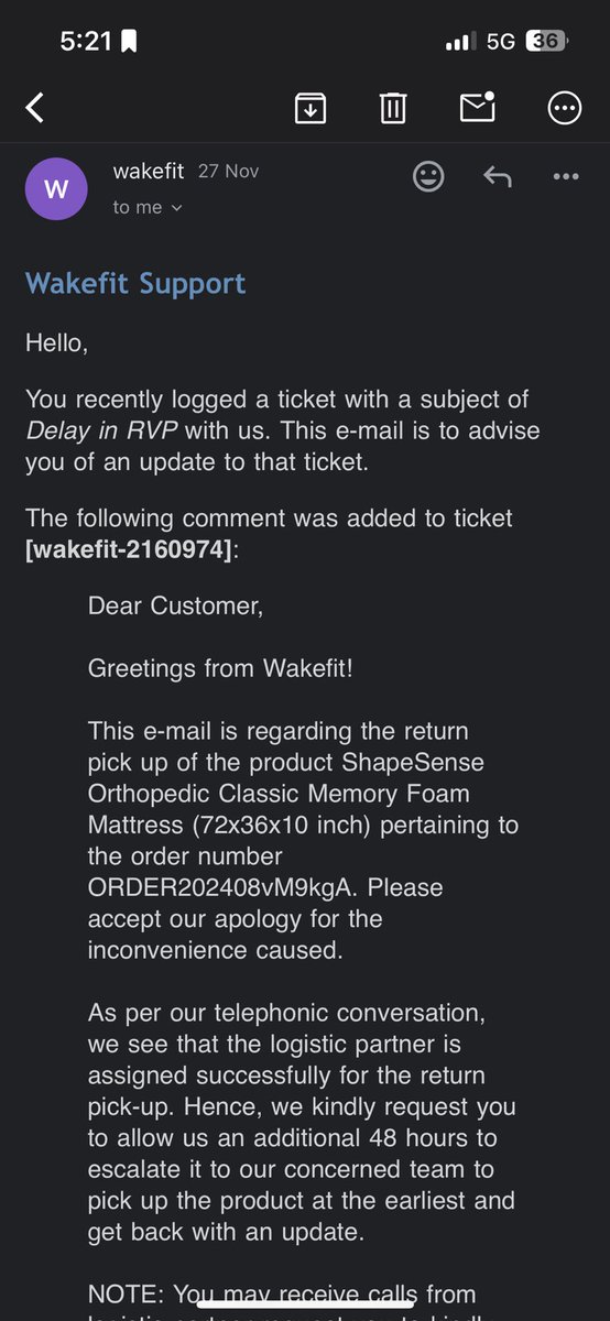 Sumit_jungi12's tweet photo. @WakefitCo Requested a replacement on Sep 17, but they never came to pick up the mattress. Frustrated, I cancelled it and asked for a return on Oct 27. It’s now Dec 1, 2024, and the mattress is still here! Weekly calls promising ‘pickup in 24-48 hrs’ are all lies @SupportWakefit. https://t.co/ki9HyAaQxp