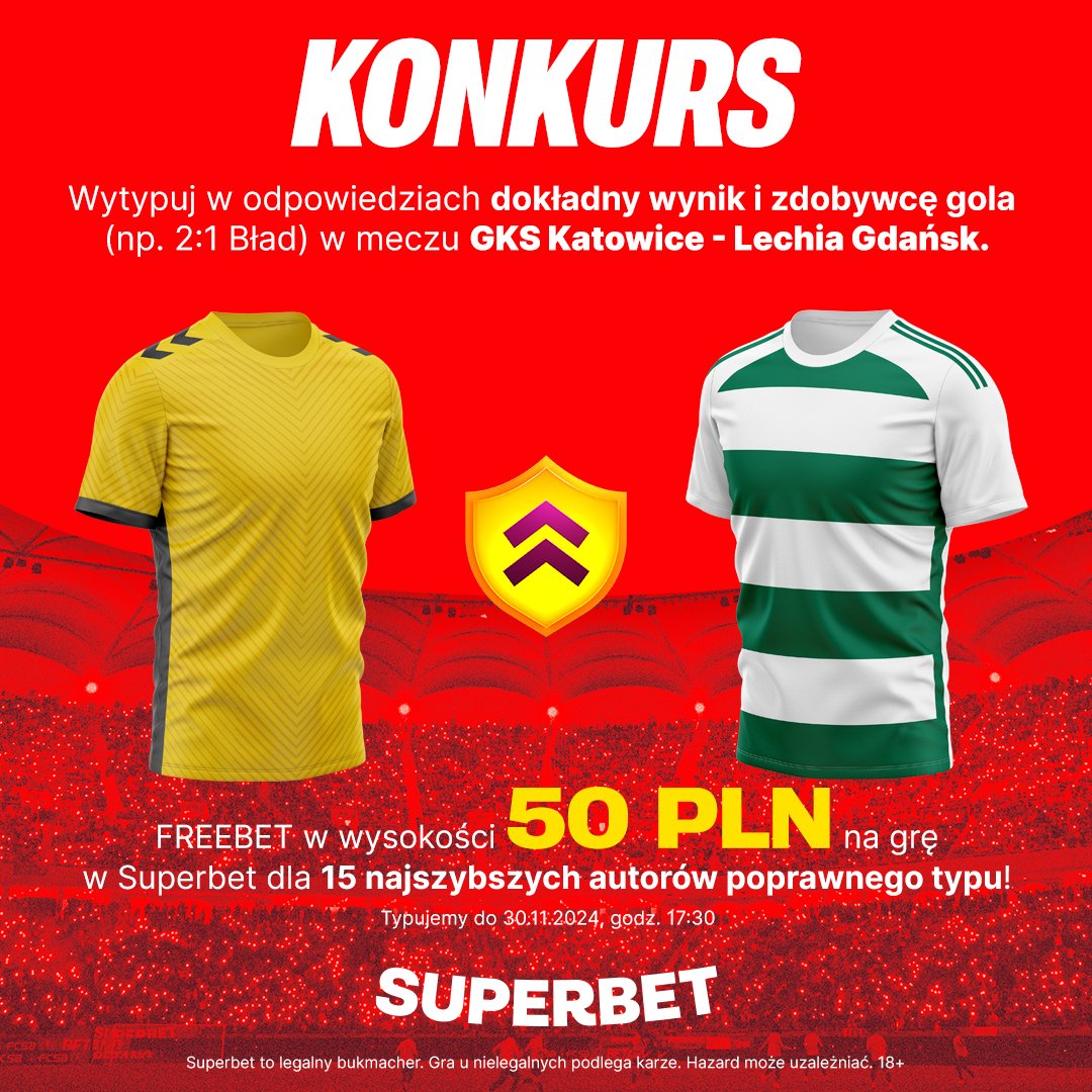 SuperbetPL's tweet photo. #KONKURS! Typujemy dokładny wynik oraz zdobywcę gola ⚽️ w meczu @_GKSKatowice_  - Lechia Gdańsk

---
✅ Zaobserwuj  @SuperbetPL

❤️ Polub i daj RT 🔁
👤 Dodaj nick z Superbet
🎁 Nagroda - freebet 50 PLN💰

#ekstraklasa #GKSLGD https://t.co/x0VF2vsGnR