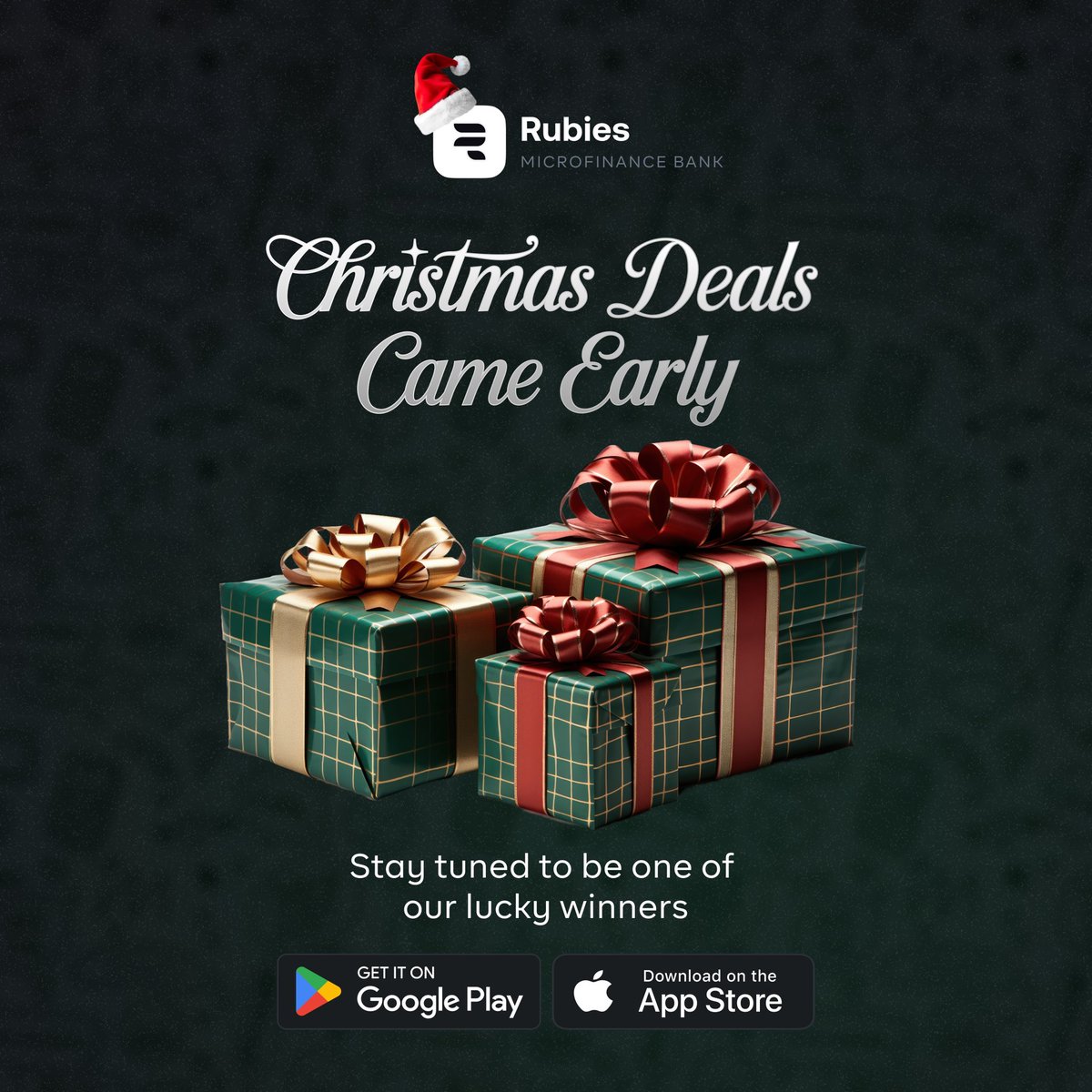 rubies_ng's tweet photo. It's raining prizes and deals this season and Rubies has got something for everyone!
Stay tuned for more updates and stand a chance to be among the lucky winners.
#RubiesBank #SwitchToRubies #Rubieschristmasdeals https://t.co/4VwGOBNv9Z