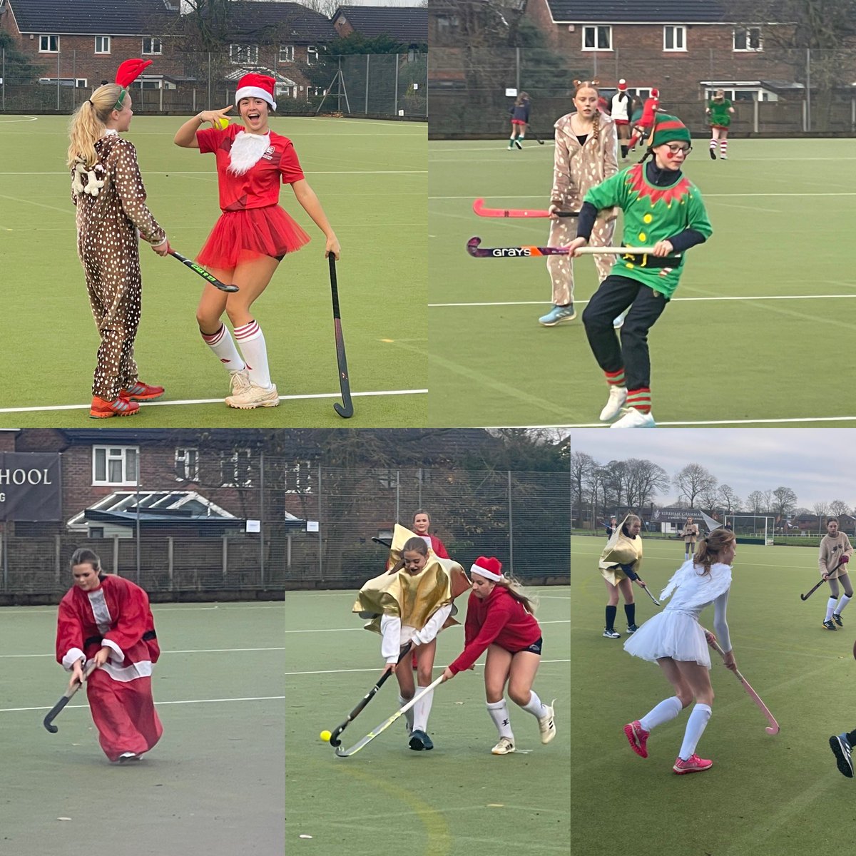 KGSHockey's tweet photo. A great morning of Christmas fancy dress hockey with our U12,13,14 &amp; 15 squads! 
Lots of laughter in the build up to Christmas 🎄 and sweet treats 🍬 
Next week we welcome Merchants Taylor’s to @KirkhamGrammar 🏑😊 https://t.co/NIydD24mHj