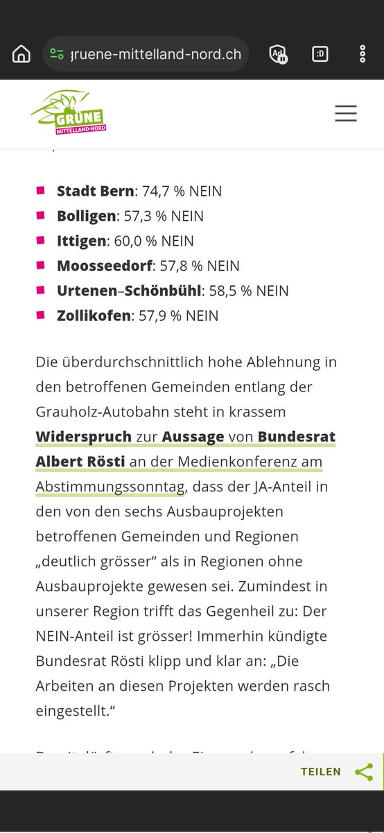Nachtrag zum #VolksNEIN zum Autobahn-Ausbau: ALLE Gemeinden entlang der #Grauholz-Autobahn  stimmten #überdurchschnittlich stark NEIN. Auch wenn #Bundesrat #Rösti pauschal das Gegenteil behauptet. <a href="/Bern_Stadt/">Stadt Bern</a> @sgarafina1 @Spurwechsel_BE @VCSBern @michaelruefer_b @TanjaMiljanovic