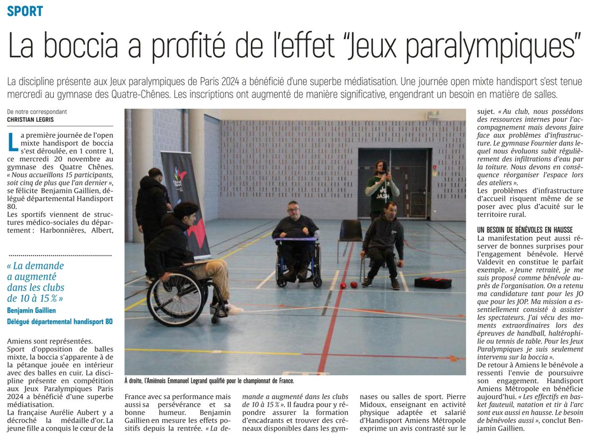 COMMUNICATION / <a href="/CourrierPicard/">Courrier picard</a> (22/11/2024) - SPORTS - La Boccia profite de l'effet "Jeux Paralympique" ! 🔴🔵 <a href="/FFHandisport/">FFHandisport</a> <a href="/BocciaFrance/">Boccia_France</a> <a href="/CRHandisportHDF/">Handisport Hauts-de-France</a> 
🫶 Un GRAND MERCI à Christian L. et au <a href="/CourrierPicard/">Courrier picard</a> !
<a href="/CDHandisport80/">Comité Départemental Handisport de la Somme</a> ❤️ handisport-somme.org