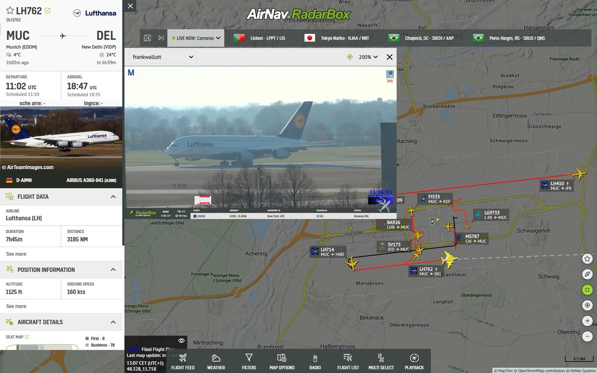 AirNavRadar's tweet image. 🚨 Watch live: An A380 takes off from Munich to New Delhi! 🌍✈️

📹 Stunning views via Munich Airport&apos;s live camera + flight tracking:
🔗 LH762 Camera View: radarbox.com/flight/LH762?c…

🔗Watch cameras from airports around the world: radarbox.com/cameras

#RadarBox #LiveAviation…