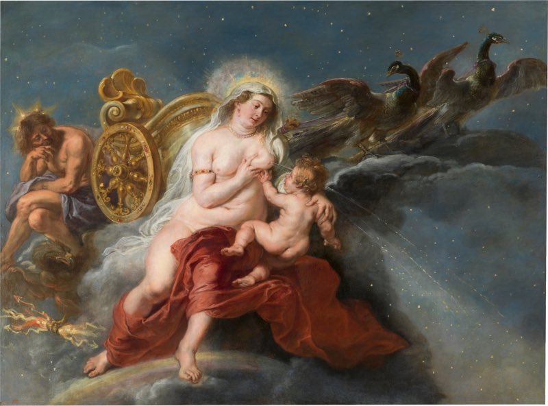 BCNHermes's tweet photo. "Heracles era hijo de Zeus y de Alcmena,un semidiós,solo alcanzaría la inmortalidad si mamaba leche divina. Hermes,mensajero de los dioses,lo llevó hasta Hera mientras esta dormía y situó al niño sobre sus pechos para que se alimentara".https://t.co/ShNkT7LHOa https://t.co/affLEmoiRa