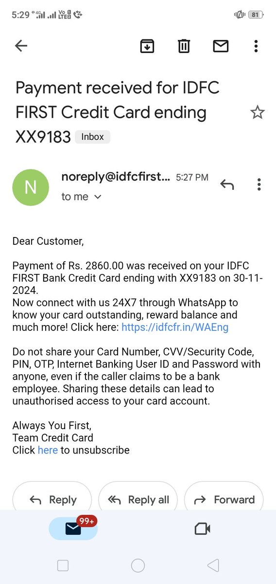 henilmewada's tweet photo. @IDFCFIRSTBank CC no: 9183.
Your agent is funding in my CC account without my Permission..please stop this illegal activity and investigate this...@baapofrecovery @FinMinIndia @RBI @nsitharaman @nsitharamanoffc https://t.co/XcLxm7fdKY