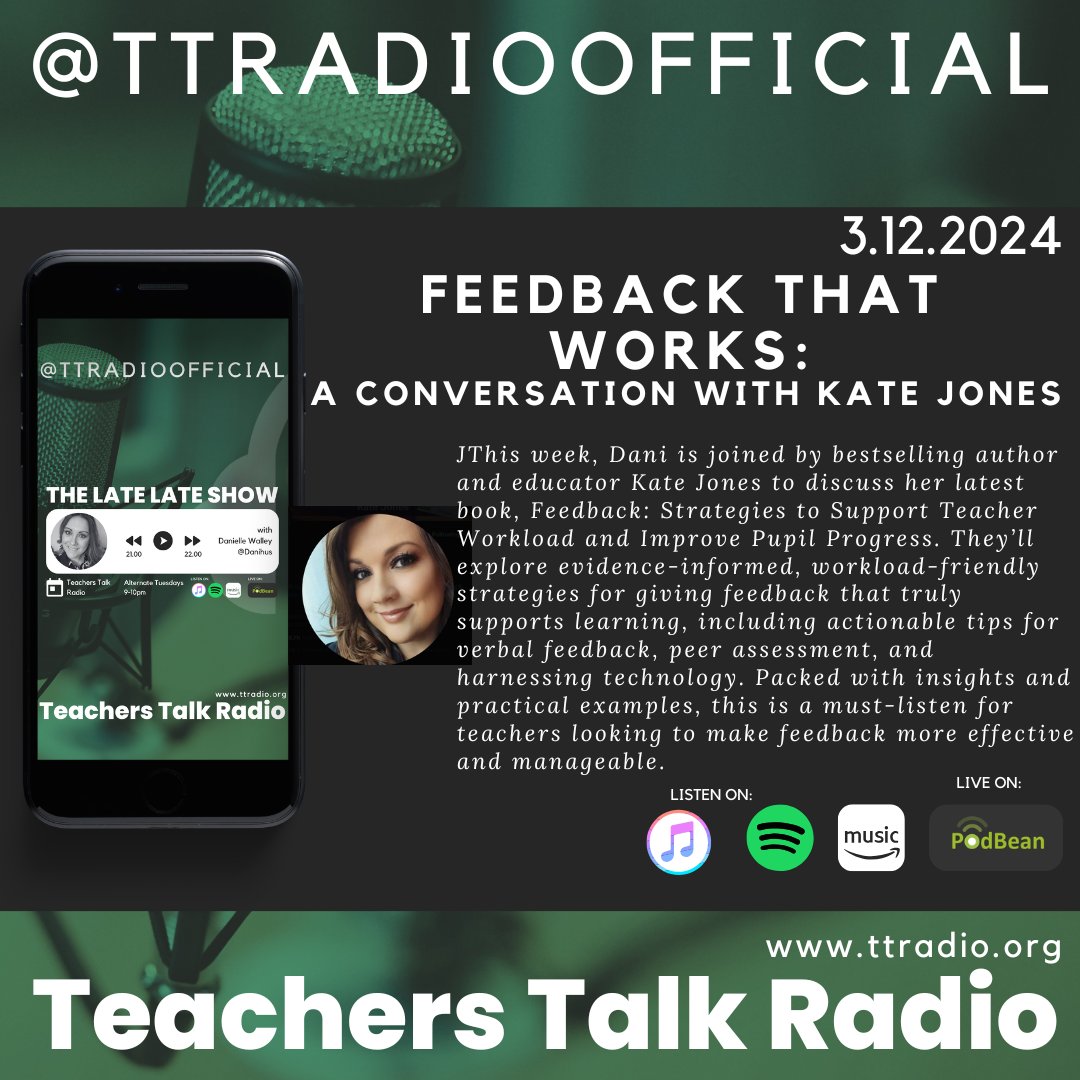 Danihus's tweet photo. ๐๏ธ Donโt Miss This Episode! ๐๏ธ
This week Iโm joined by the brilliant @KateJones_teach, bestselling author of Feedback: Strategies to Support Teacher Workload and Improve Pupil Progress! @JohnCattEd
๐
Tuesday 3rd December 9pm
#Teaching #Education #Feedback #KateJones #TTR https://t.co/aMJLy1BTaA