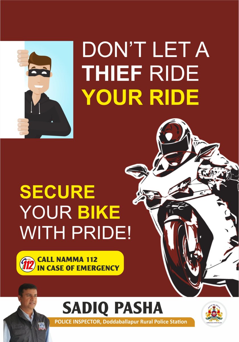 ನಿಮ್ಮ ಬೈಕ್ ಕಳ್ಳರ ಆನಂದ ಸವಾರಿಯಾಗದಂತೆ ನೋಡಿಕೊಳ್ಳಿ.  ನಿಮ್ಮ ವಾಹನವನ್ನು ಸುರಕ್ಷಿತವಾಗಿರಿಸಿ, ಏನಾದರೂ ತೊಂದರೆಯಾದರೆ #Namma112 ಗೆ ಕರೆ ಮಾಡಿ.

Keep your bike from becoming a joyride for thieves. Safeguard it with honour, and #Namma112 is only a phone call away if something goes wrong!

#biketheft