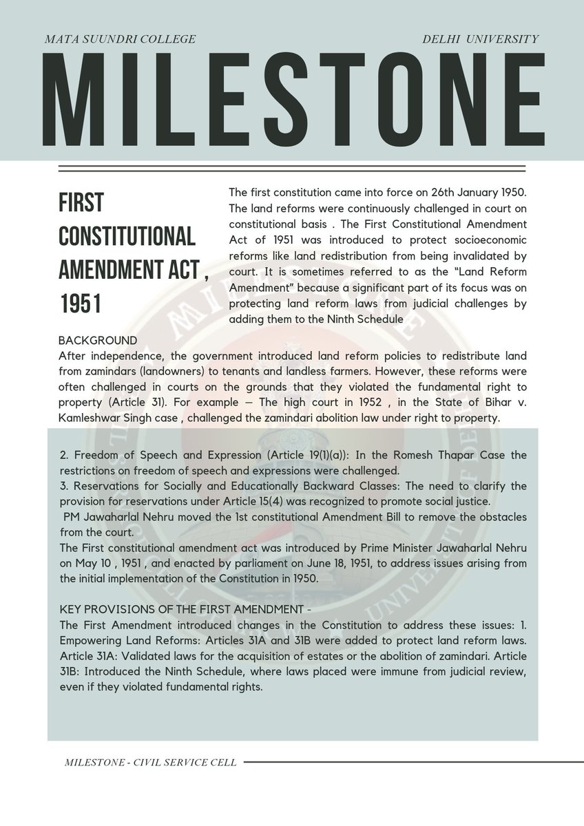 Milestone_mscw_'s tweet photo. "The First Amendment to the Indian Constitution (1951) made crucial changes, including curbing freedom of speech to prevent hate speech and defamation, and empowering Parliament to impose reasonable restrictions on fundamental rights.🫡✨ #IndianConstitution #FirstAmendment https://t.co/vtVDShgCWO