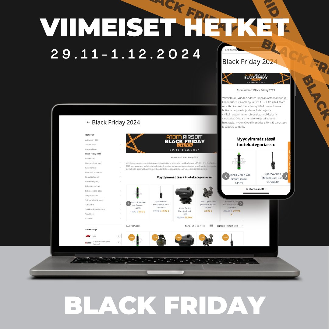⏳ Viimeinen mahdollisuus – Black Friday päättyy tänään! ⏳
atom-airsoft.fi/tuote-osasto/b…
🛒 Älä odota! Kun kello lyö keskiyötä, tarjoukset katoavat #airsoft #airsoftfinland