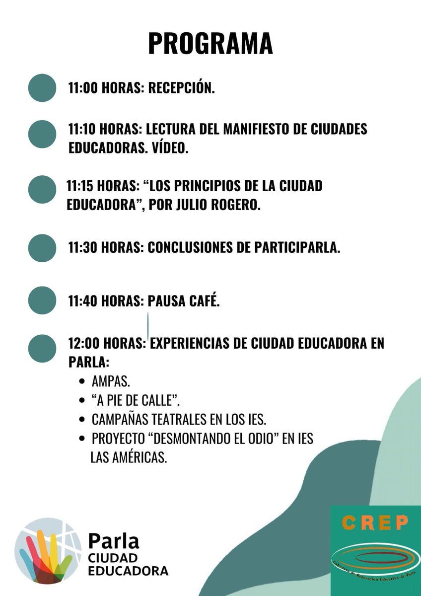 ℹ️ Hoy 30N se celebra el día Internacional de la Ciudad Educadora y Parla es una de ellas. 
Os esperamos en la casa de la Juventud mañana domingo 1 de diciembre, junto con el CREP, AMPAS, docentes y colectivos que trabajan por el bien común.

#EducatingCityDay
#CiudadEducadora