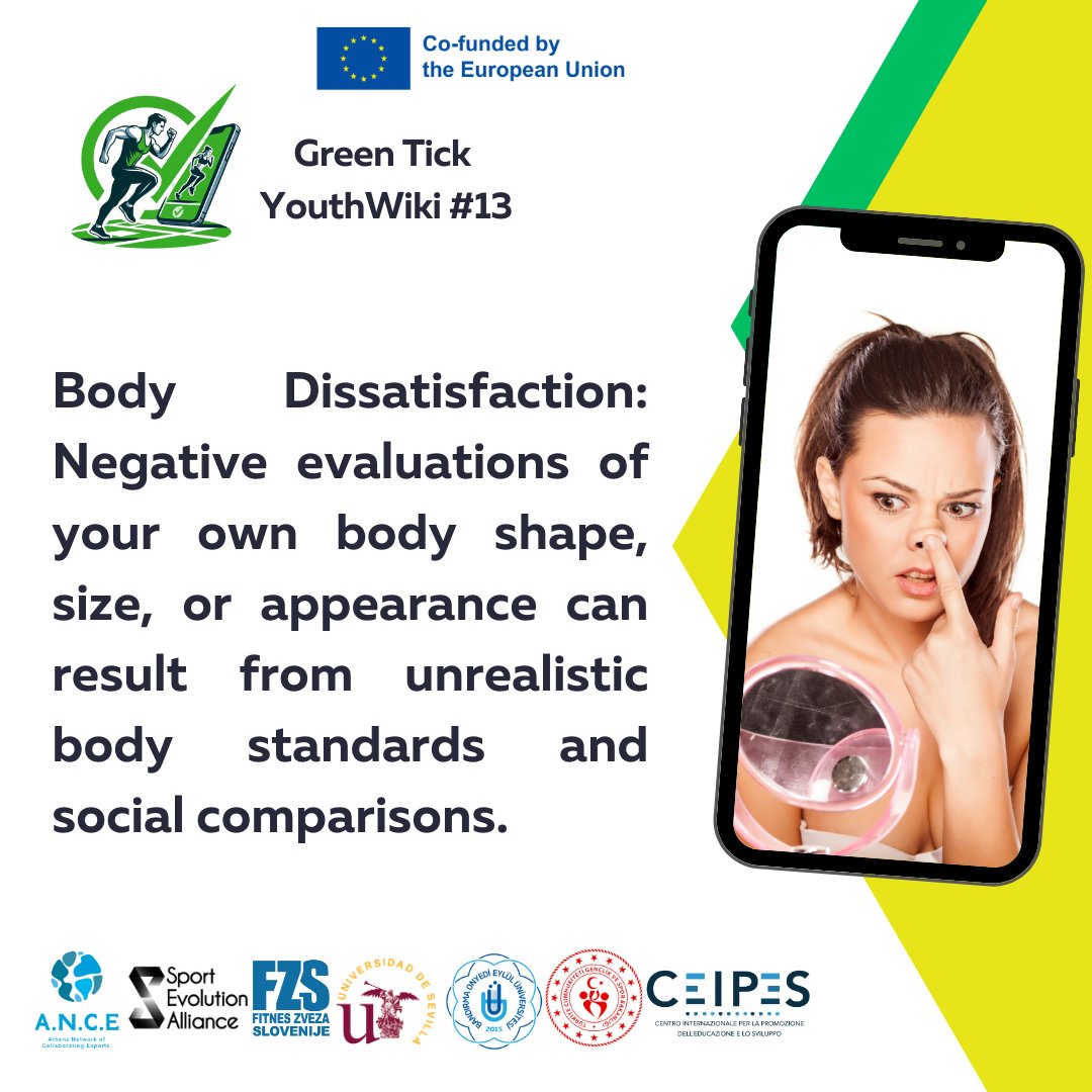 Are you aware of the impact of #socialmedia on your #bodydissatisfaction? It's important to recognize how these feelings can affect your well-being. 🌱

🔍 Want to learn how? Stay informed and stay empowered! 🌍 #greentick #erasmus #sport #health #medialiteracy #SocialMediaBan