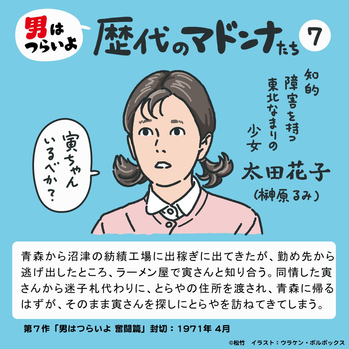 #今月描いた絵を晒そう 
17作目まで見たけど、#男はつらいよ というタイトルを謳いながら、女性の生きづらさを、各マドンナに落とし込んで描いているシリーズなのだと気づいた。テーマ的には、令和の世とそう変わらない。このことを知らずに古い映画だと敬遠している層にそ届いてほしい
#図解寅さん 