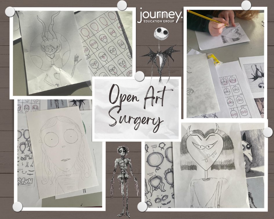 Today in Open Art Surgery, we explored one of my personal favorite art styles, the whimsical and eerie world of Tim Burton! 🎨✨
His work blends surrealism with a gothic vibe, creating characters that are both spooky and dreamlike 👻🌙
A huge well done to the class today!🎉👏