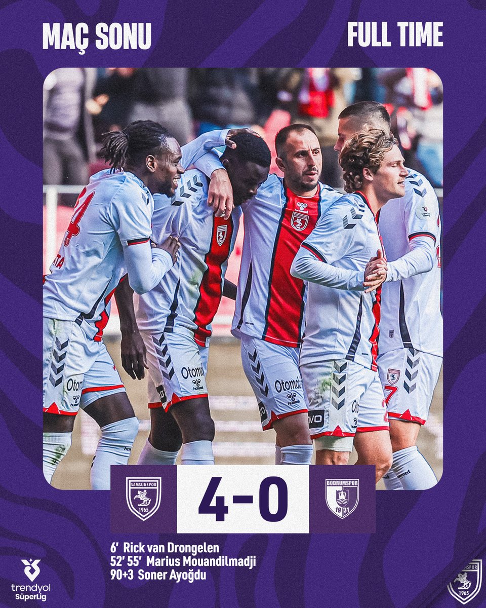 Samsunspor's tweet photo. ⏱️ 90+4' :  Maç Sonucu!

Reeder Samsunspor 4 -0 Sipay Bodrumspor FK

#SAMvBOD https://t.co/e0QhsCfGX1