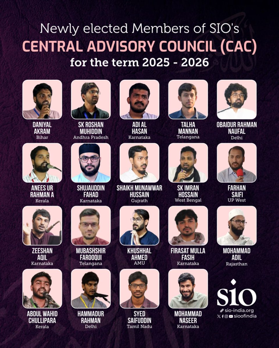 sioindia's tweet photo. الله أكبر
الله أكبر
الله أكبر

Newly elected Central Advisory council (CAC) members of SIO for the term 2025-26 https://t.co/bUx4Cn6QyW