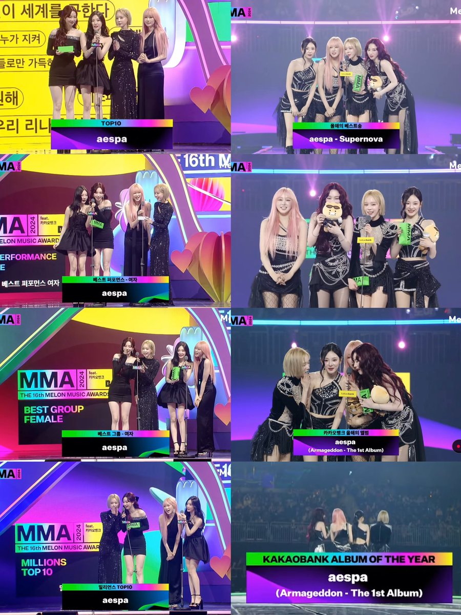 MMA 2024 aespa七冠王 三大賞

🏆 TOP 10
🏆 最佳表演女團
🏆 最佳女團
🏆 Millions TOP 10
🏆 大賞：年度歌曲〈Supernova〉
🏆 大賞：年度藝人
🏆 大賞：年度專輯《Armageddon》

你們沒哭我先哭
2024年aespa真的值得這些獎
真的真的真的辛苦了😭😭😭😭