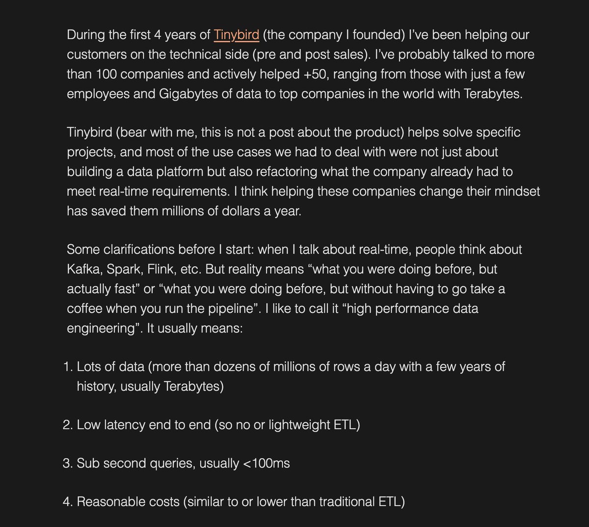 "Learnings after 4 years working with +50 companies on data engineering projects"

This is a very good post.

javisantana.com/2024/11/30/lea…