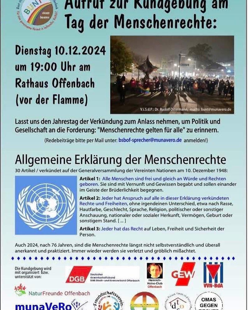 DemoForHessen's tweet photo. 📢 #Demo in #Hessen: 
"Aufruf zur Kundgebung am Tag der Menschenrechte"

🕖 Zeit: 10.12.2024, 19:00 Uhr
📌 Ort: Berliner Straße. 100, 63065 Offenbach am Main (Rathaus)

ℹ️ Weitere Infos: https://t.co/SUZgFDlwc1

PS: #AfDVerbotSofort statt nur politischem Entsetzen! https://t.co/Qk4391erH0