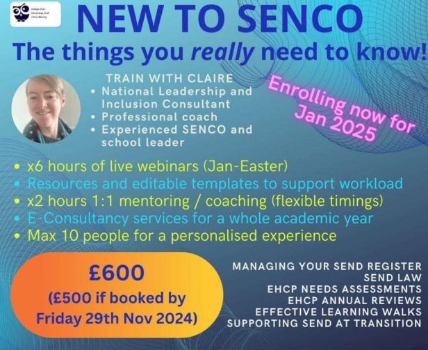 IndigoOwlCoach's tweet photo. New to #SENCO this year? 
Perhaps you are starting in January. 
There is lots to learn - it can be tough to know where to start. 
I’ve been a SENCO twice and can support you with SEND legalities, templates to reduce workload, 1:1 coaching and three terms of consultancy support. https://t.co/Hhysc9akh9